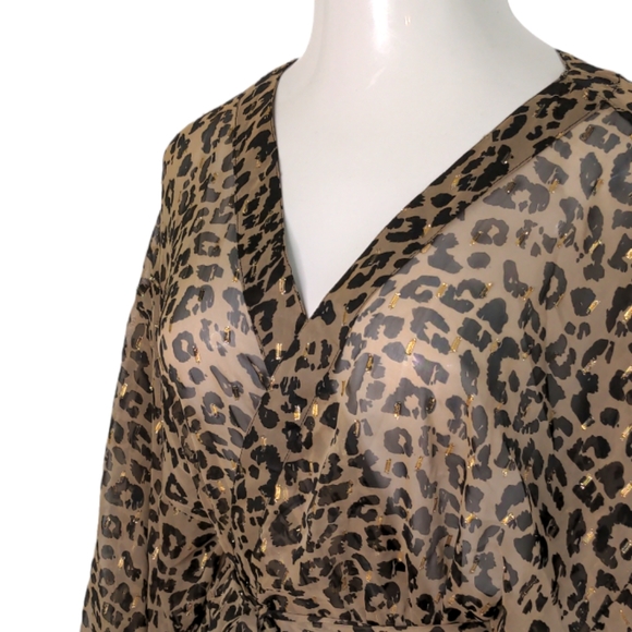 VINCE CAMUTO Leopard Print Sheer Metallic Gold Wrap Kimono Top One Size NEW - Picture 4 of 11